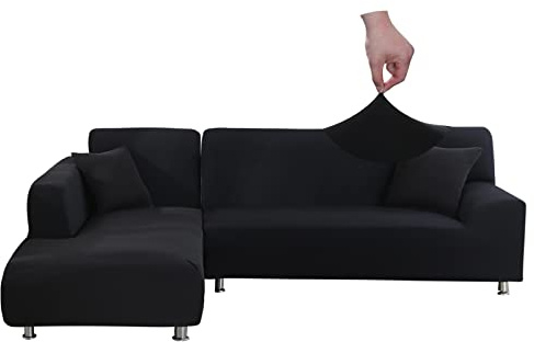 Jaotto Sofabezug Elastische Spandex Stretch Couchbezug für L-Form Sofa Überwürfe Universal Waschbar Sofaüberwurf 2er Antirutsch(3 Sitzer+4 Sitzer,Schwarz)