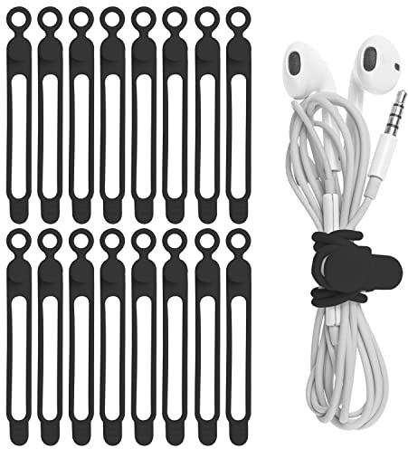 Nearockle 16Pcs Silicone Cable Straps Wire Organizer for Bundling Earphone, Phone Charger, Computer Cords, Reusable Cable Ties Cord Organizer in Home,Office,Kitchen,School(Black)