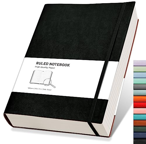 RETTACY A4 Lined Notebook College Ruled/Thick Journal - Extra Large Softcover Composition Notebooks with 2 Free Sticky Notes 320 Pages,Faux Leather, Inner Pocket 21.5 x 27.9cm - Black