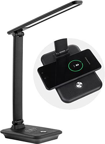 Maclean MCE616 Lampada da scrivania LED Regolabile dimmerabile 9W IP20 Max 450 lumen cambio temperatura colore 3000K 4500K 6500Kcon caricatore Qi a induzione (Nero)