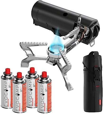 EVOCAMP Campingkocher mit 4 Gaskartuschen 227g MSF-1a, Camping Gaskocher faltbar mit Tragetasche, Piezozündung, klappbaren Gas Campingkocher, Camping Kocher für In- / Outdoor