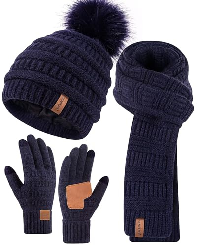 Damen-Wintermütze, Schal, Handschuhe, Bommelmütze mit warmem Fleece gefüttert, langer Strickschal, Touchscreen-Handschuhe für kaltes Wetter