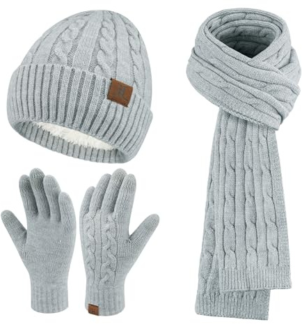 ZASFOU Juego de gorro, bufanda y guantes con pantalla táctil de invierno para mujer, gorro de punto termico, gorro de invierno, bufandas, guantes de invierno, regalo para mujer, verde claro, Talla