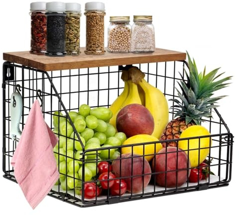 Hanging Fruit Basket, Kitchen Organiser, Fruit Bowl Hanging Basket Kitchen, Wall Fruit Basket with Wooden Lid, Fruit and Vegetable Basket for the Counter, Onion and Potato Snack Bread Holder (Large)