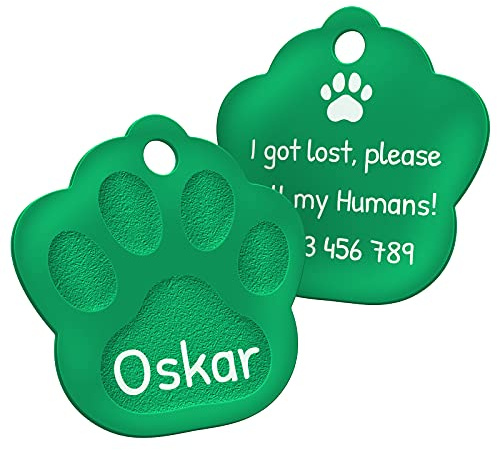 ENGRAVO Hundemarke mit Gravur in Grün 33mm | Pfote Halsbandanhänger personalisiert | Namensschild für Halsband | Anhänger Marke für Hunde, Welpen & Katzen | Dog Tag mit Wunschgravur