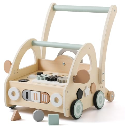 Lauflernwagen Holz, Multifunktion Montessori Spielzeug mit Formensortierung Spielbrett, Lauflernhilfe Baby ab 6 monate Baby Walker mit Rädern & Bauklötzen Geschenk für 1 Jährige Jungen und Mädchen