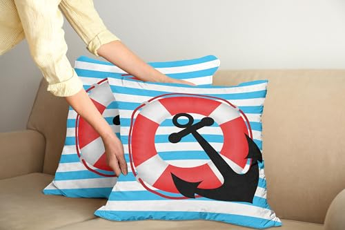 ABAKUHAUS Anker Kissenbezug 2er-Pack, Blau gestreifter Hintergrund mit Rettungsring und Anker an Bord Reiseschutz, 45 x 45 cm, Sky Blau Rot Schwarz