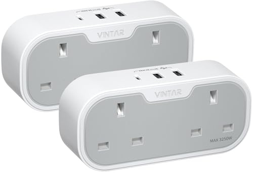VINTAR Double Plug Adapter, Plug Extension Socket with 2 USB 1 USB C Ports | 2 Way Plug Adapter UK, 13A/3250W, Child Saftey Sheild, UK 3 Pin Wall Multi Plug Extender for Bedroom, Office, Kitchen, 2 pack
