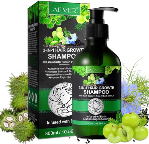 P-BEAUTY 3-i-1 hårväxtshampo 1 x 300 ml – med Black Castor Ricinus Oil, Amla & svart kumminolja – för hårbottenvård, främjar tätt och glänsande hår, vegansk