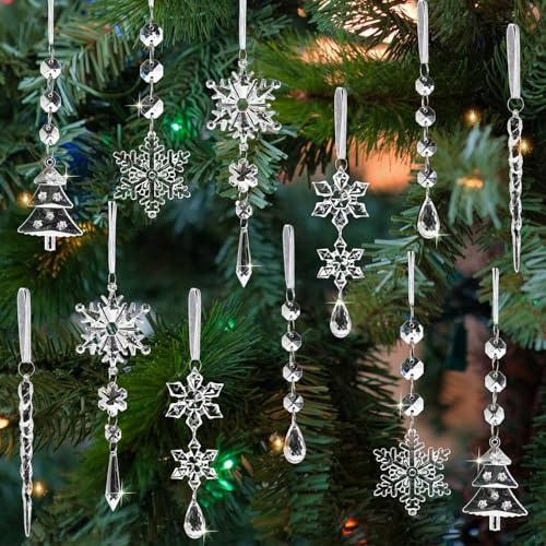 ricluck 18Pcs Crystal Christmas Ornaments for Tree Decors, Hanging Acrylic Snowflake and Icicle Ornaments with Drop Pendants for Christmas Winter New Year Party Decorations Supplies