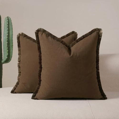 Tennove Cushion Covers 45x45cm Set of 2 Decorative Cushion Pillow Case with Fringe Tassels Natural Linen Soft Boho Farmhouse Brown Throw Pillow Cover for Home Sofa Bed Room