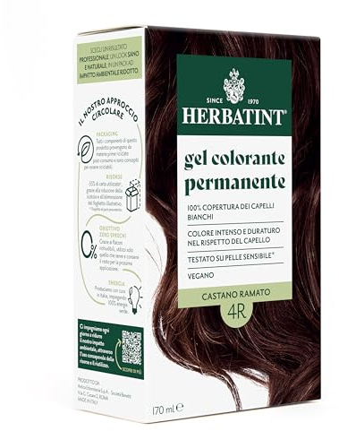Herbatint Gel Colorante Permanente per Capelli 4R Castano Ramato - 170 ml | Senza Ammoniaca, 100% Copertura Capelli Bianchi | per Pelli Sensibili, con 8 Estratti Naturali Bio
