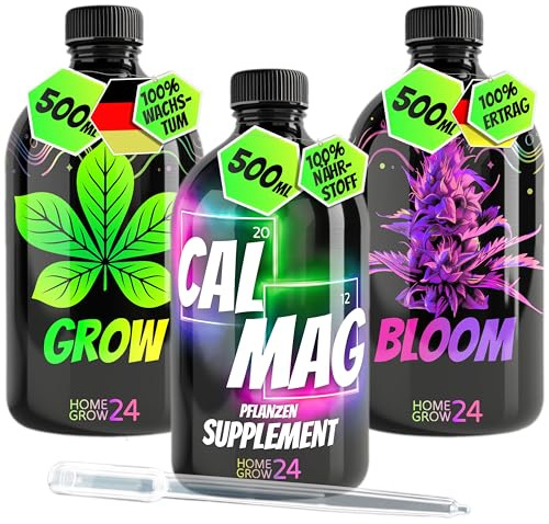 Homegrow24 Cannabis gödselmedel-set Trio, för helhetsvård av cannabisplantor, 3-pack à 500 ml, för rik skörd och friska plantor