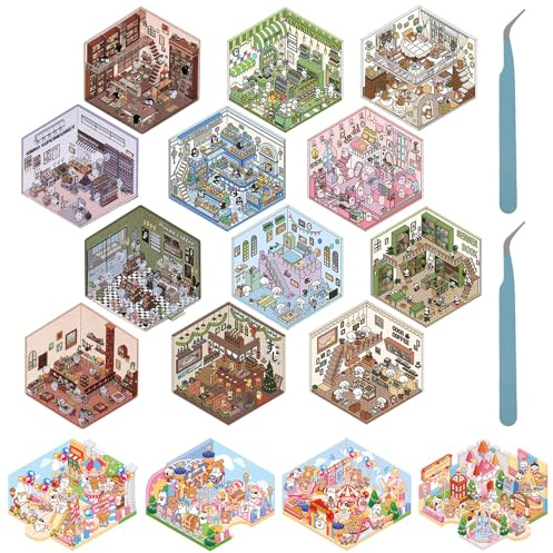 16PCS DIY 3D House Stickers Fun Miniature Sticker Scenes Enthält 16 Verschiedene Szenarien 3D Miniatur Haus Sticker 3D DIY Szene Aufkleber für Erwachsene und Kinder