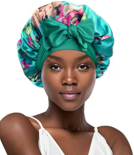 YENTEN Women's Satin Silk Sleeping Cap with Adjustable Elastic Band for Curly Braids, Hair Care Night Cap (Floral Pattern) Green