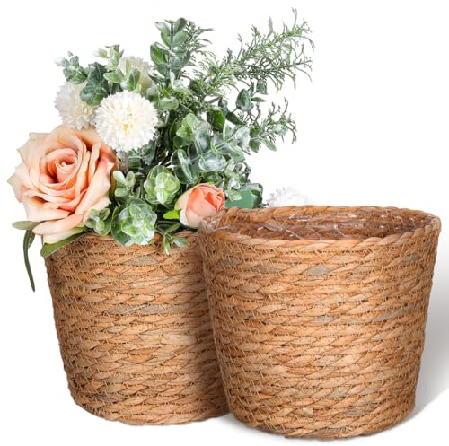 BESPORTBLE Lot De 2 Paniers Tissés À La Main en Paille Panier De Fleurs Décoratif 7.09 X 7.09 X 5.91 in Panier De Rangement Compact pour Plantes Intérieures Maison Salon Chambre Fleuriste