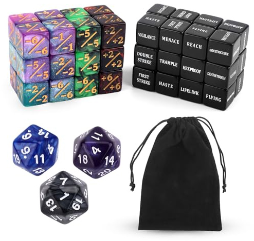BOXOB 51stk Fähigkeiten-Schlüsselwörter-Zählwürfel, MTG-Kreaturenstatistik-Buff D20-Loyalitätswürfel-Token Großpackung Magic Life-Zähler Geschenke für TCG Kartenspielzubehör mit Samtbeutel(4 Farben)
