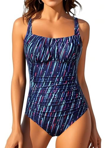 Aqua Eve One Piece Bathing Suit for Women Tummy Control Swimsuit Slimming Vintage Swimwear Navy Meteor L