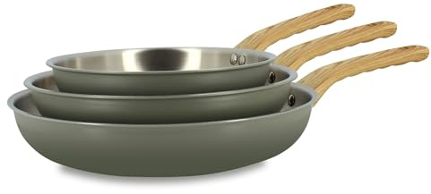 MENASTYL - Lot de 3 poêles en inox 18/10 induction Easynox - Acier inoxydable sans accroche, sans PFAS, sans PTFE - Tous feux dont induction et lave-vaisselle - Brume - 16/18/20 cm - 6014247