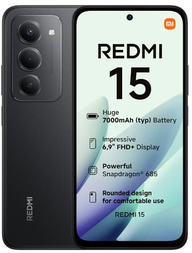 XIAOMI Redmi 15, Smartphone 6+128GB, 6.9 FHD+ 144Hz DotDisplay, Snapdragon 685, 50MP AI dual camera, 7000mAh Battery, Black, Charger Not Included