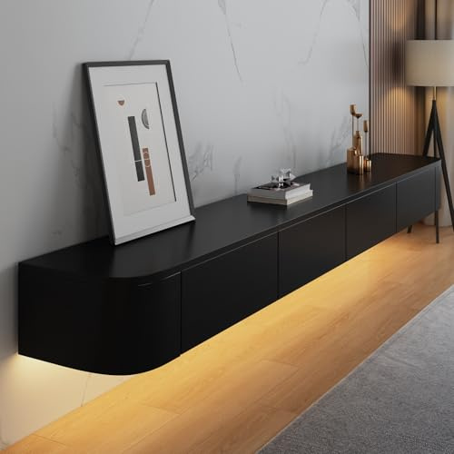 Coubird Floating TV Stand Cabinet wall mounted Black Floating tv Shelves with LED light & Doors & Drawer Modern Media Entertainment TV Console Storage TV Unit for Living Room (200cm/78in)