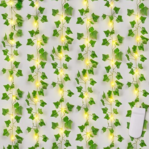 24M/12 Pcs Artificial Ivy Garland With 360 LED Fairy String Lights,6×3M Warm White Battery Operated Leaf Vine String Lights,Flexible Copper ivy fairy lights for Wedding Party Home Wall Room Decor