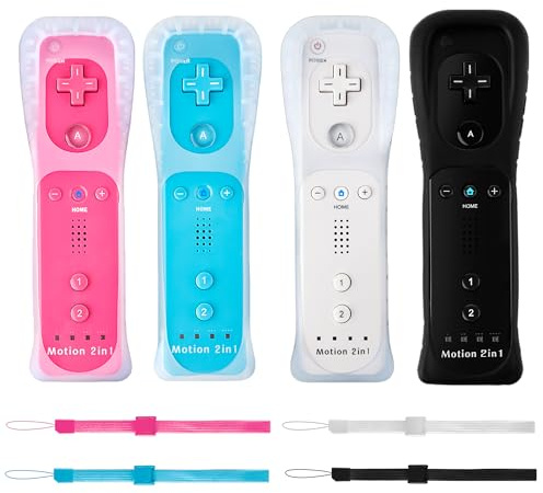DTianSir 4Pack Motion Plus Wii Remote Controllers with Silicone Case & Wrist Strap,Wii Remote Controllers with Built in Motion Plus Compatible for Wii U Consoles (Black+White+Blue+Pink)