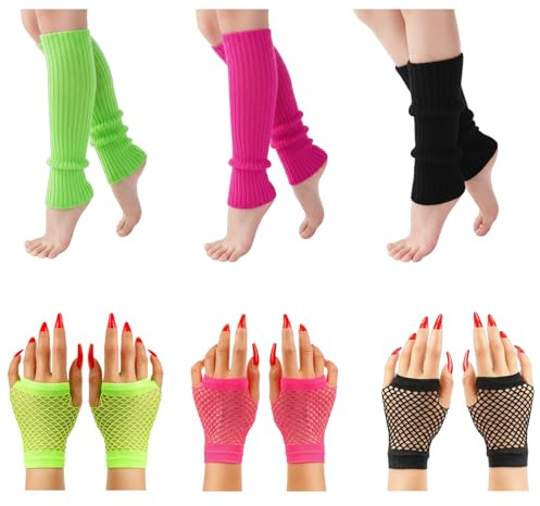 YTPAFK 6 Pcs Neon Leg Warmers and Gloves Set, 80s Fancy Dress Costume Accessories, leg warmers 80s for Women and Girls, Vibrant Colors for Dance Parties and Retro Fashion