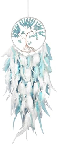 Ollanoos White and Blue Feather Dreamcatcher Wall Hanging, Crystal Tree of Life Dreamcatcher, Suitable for Bedrooms, Living Rooms, Hallways and Similar Spaces