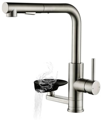 Robinet de Cuisine LakeBayMZC Lave-Verres, Robinet Cuisine 360° Rotatif Extensible, Miscelateur Monomandrin Double jet, Acier inoxydable 304 brossé, Pour évier Cuisine