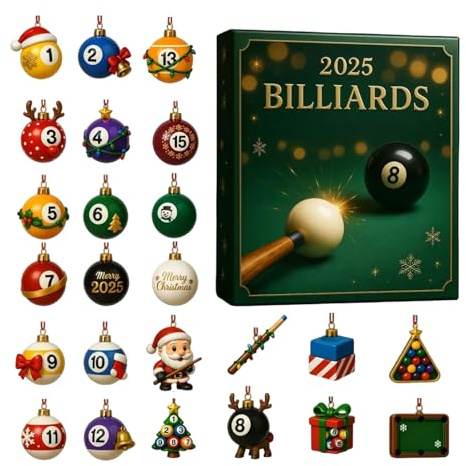 Billard Adventskalender 2025, 24 Tage Billardkugel Ornament Weihnachtskalender, Acryl Billards Anhänger Adventskalender, Neuartiger Billardkugel Christbaumschmuck, Für Geschenk Billards Fans