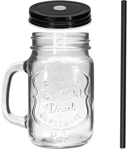 eispap 1Pc Mason Jar Drinking Glasses 16 oz. Colored Mugs With Embossed Ice-Cold Drinkware Logo, Glass Mason Jar Mug With Handle. For Smoothies, Cocktails, Beverages. Hand Wash (1, Clear)