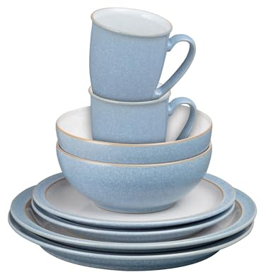 Denby - Elements 8 Piece Dinner Set For 2 - Blue Glaze, Dishwasher, Microwave Safe, Oven Proof Plate & Bowl Set - 4 x Lunch Plates, Dinner Plates, Cereal Bowls & Coffee Mugs - Chip Resistant Tableware