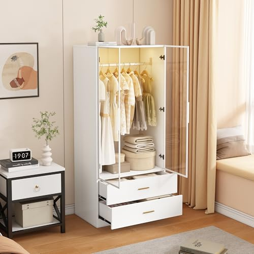 Kleiderschrank mit LED, Vielseitiger Drehtürenschrank in Weiß, 80cm breit,175cm hoch Mehrzweckschrank mit 2 Glastüren,2 Schubladen,1 Kleiderstange, Garderobenschrank,Schlafzimmerschrank
