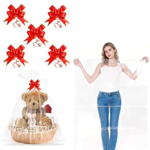 LACHT Fogli Cellophane Trasparente Per Confezioni (Grande, 150 X 90Cm), Con 5 Fiocchi Per Regali, Carta Cesti Trasparente, Per Confezioni Regalo, Feste, Eventi (Grande)