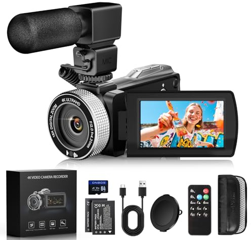 Videocámara 4K 48MP con Visión Nocturna por Infrarrojos, Zoom Digital 18X Cámara Vlogging con Pantalla Táctil de 3.0 270°, Cámara de Vídeo con Control Remoto, Micrófono, Tarjeta de 64GB, 2 Baterías
