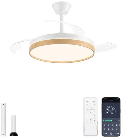 ZMISHIBO Ventilateur de Plafond avec Lumière 107cm, Lampe Ventilateur Techo à Pales Rétractables, Moteur DC Silencieux, 3000~6000K, 6 Vitesses, Télécommande + APP, 2 Tiges de Suspension,Bois