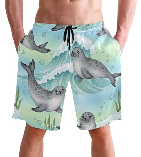 SLHKPNS Seals Waves Bubbles Mens Swim Trunks Bathing Suits Swimming Shorts,2XL