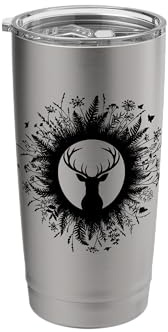 Deer Silhouette in Circle of Wild Ferns and Flowers Stainless Steel Insulated Tumbler
