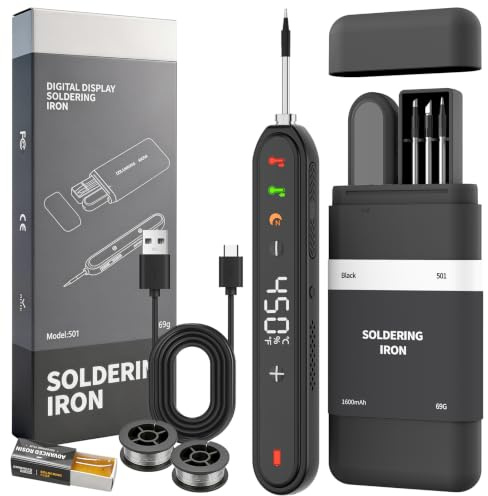 Kabelloses Lötkolben Set, Schnelles Aufheizen USB Ladeanschluss, 1600mAh Einstellbare Temperatur 180 ℃-450 ℃, 3 Lötspitzen, Lötdraht, Lötpaste für Elektronik-Reparaturen Elektronik Arbeiten Schwarz