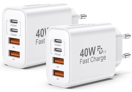 Caricatore USB C 2 Pack,40W 4-Porte Multiplo USB C & USB A Rapido PD & QC3.0,Alimentatore Presa Carica Spinotto Caricabatterie Cellulare Per iPhone 17/16/15/14/13/12/11/Pro/Max/Per iPad/Samsung Spina