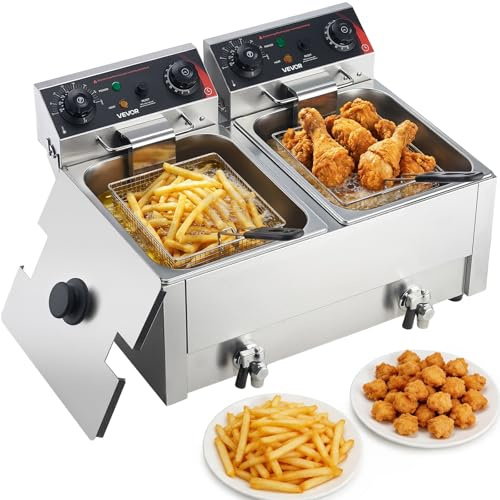 VEVOR Friteuse Électrique Professionnelle, Friteuse à Huile 5000 W Double Cuve de 7 L, pour Frites Restaurant, en Inox avec Paniers Couvercles Thermostat Minuterie et Protection Antisurchauffe