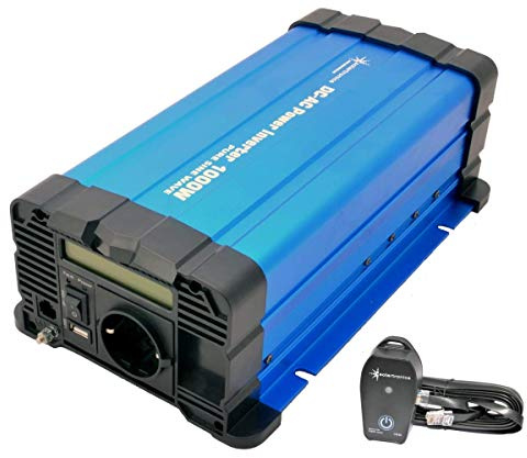 SOLARTRONICS spänningsomvandlare FS1000D 12 V 1 000 watt med display – inverterare 12 V till 230 V – ren sinus – LiFePO4/litium, bly, gel eller AGM-batteri kompatibel – USB – med fjärrkontroll