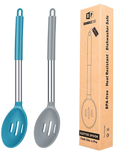 Pack of 2 Large Silicone Slotted Spoon,Kitchen Skimmer with High Heat Resistant, BPA Free Non Stick Cooking Ladle Strainer for Draining & Frying (Gray-Blue)