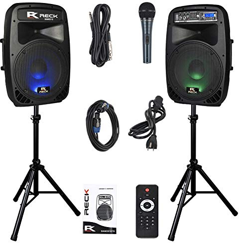 RECK DC 12 Portable 12-Inch 1000 Watts 2-Way Powered Dj/PA Speaker System Combo Set with Bluetooth/USB/SD Card Reader/FM Radio/Remote Control/Speaker Stand/Wired mic