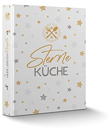 itenga Rezeptringbuch A5 Motivdruck laminiert 2-Ring-Mechanik Sterneküche weiß grau gold - Rezeptordner Kochrezepte-Ringbuch