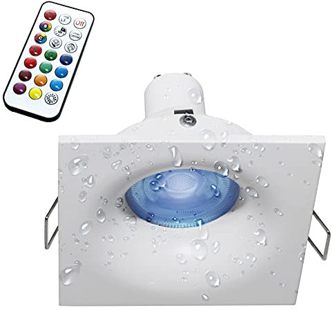 Planetitaly Foco LED cromoterapia IP65 lámpara GU10 6 W 230 V empotrable 7 cm RGB luz multicolor cabina ducha sauna (cuadrado, RGBW + 3000 K)