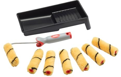ProDec 9 piece Woven 4 inch Mini Paint Rollers | Soft Grip Frame and Tray Set for a Smooth Finish Painting with Emulsion Paints on Interior Walls and Ceilings, 4