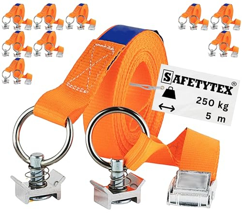 Safetytex Klemmschlossgurt Singlefitting 5 m 25 mm 250 daN (10 Stück) | Spanngurt für Airlineschiene, Zurrschiene, 2-teilig, Ratschengurt, sicherer Transport, 250 kg Belastbarkeit