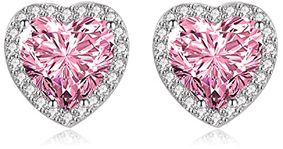 Shuxin Sterling Silver Stud Earrings for Women, Silver Heart Cubic Zirconia Stud Earrings, Big Pink Faux Crystal Diamond Gemstone Studs Earrings, Bridal Earrings for Brides Bridesmaids Wedding